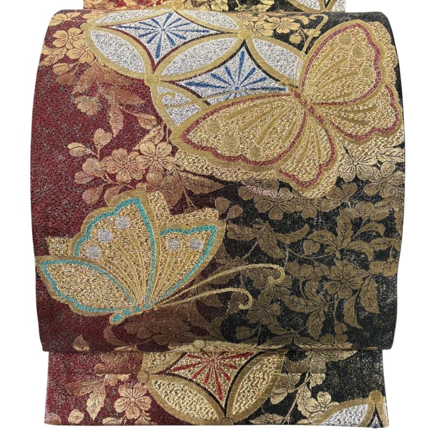 美品 袋帯 秀品 振袖向き 蝶 七宝 金糸 箔 金色 六通 正絹 中古