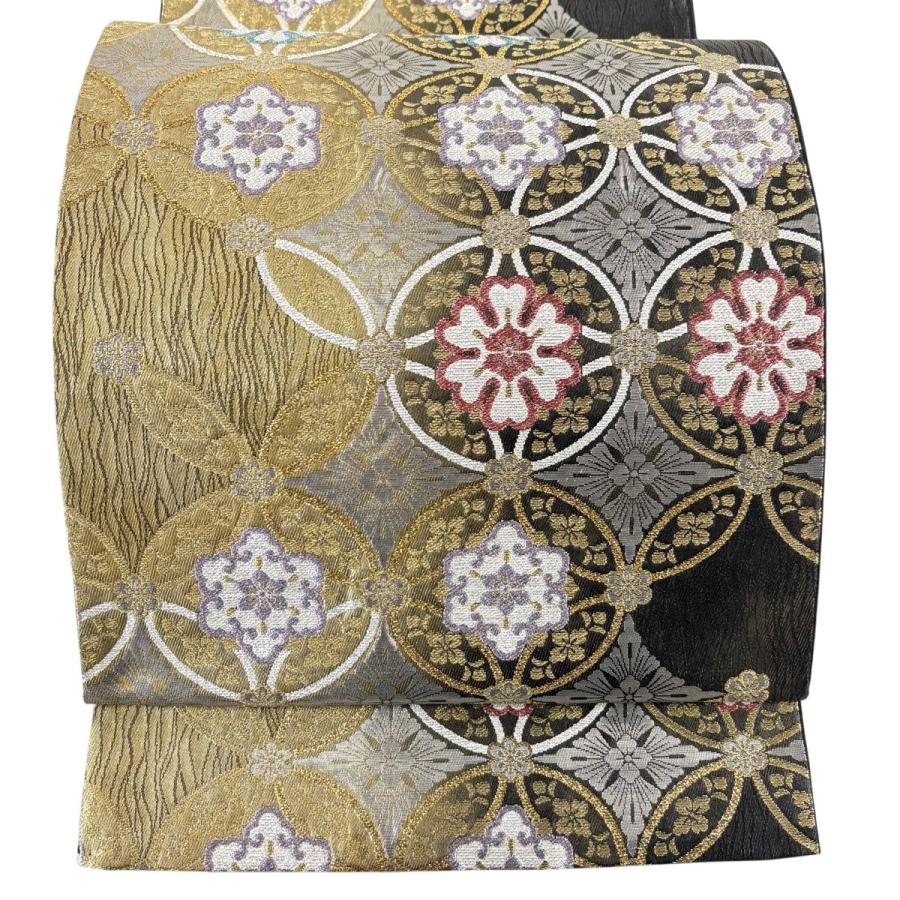 美品 袋帯 秀品 七宝 花菱 金糸 箔 金色 六通 正絹 中古 : リユース