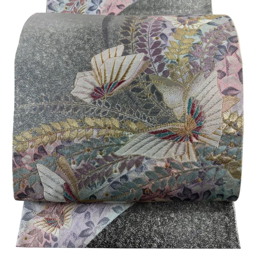  美品 袋帯 秀品 鈴乃屋 蝶 葉柄 箔 金銀糸 銀色 六通 正絹 中古 : リユースセレクトショップバイセル Yahoo!店 - 通販 