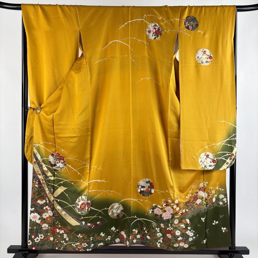 振袖 身丈161.5cm 裄丈67cm M 袷 草花 蝶 金彩 金銀彩 山吹色 正絹