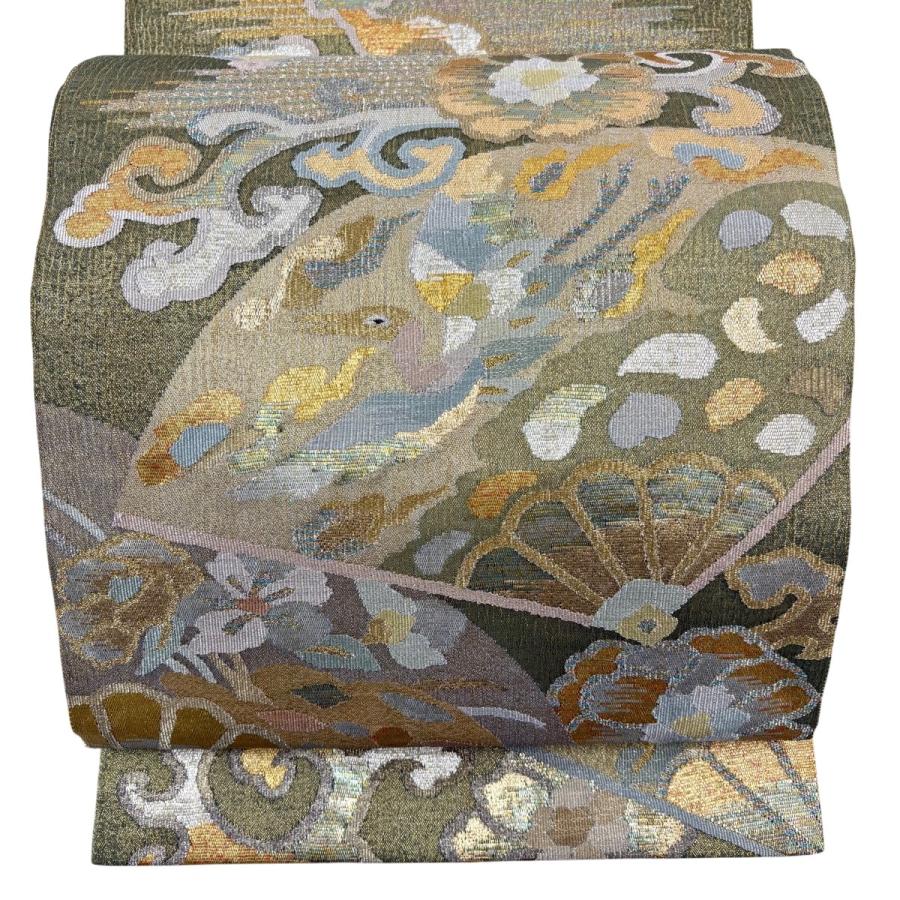  美品 袋帯 名品 鈴乃屋 扇 鳥 金糸 綴れ 灰緑 六通 正絹 中古 : リユースセレクトショップバイセル Yahoo!店 - 通販 Illustration 