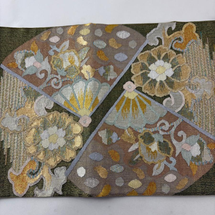  美品 袋帯 名品 鈴乃屋 扇 鳥 金糸 綴れ 灰緑 六通 正絹 中古 : リユースセレクトショップバイセル Yahoo!店 - 通販 Bildidee 