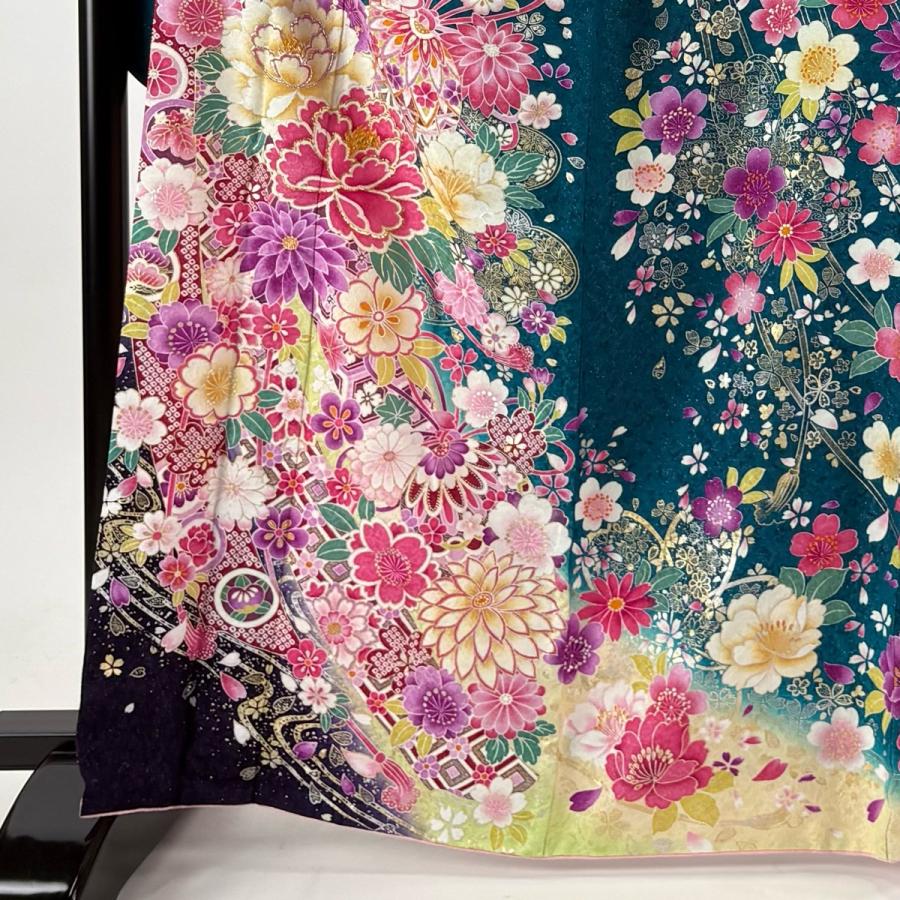 美品 振袖 身丈164cm 裄丈67cm M 袷 やまと 牡丹 鞠 銀通し 金銀彩 青緑 正絹 逸品 中古_1