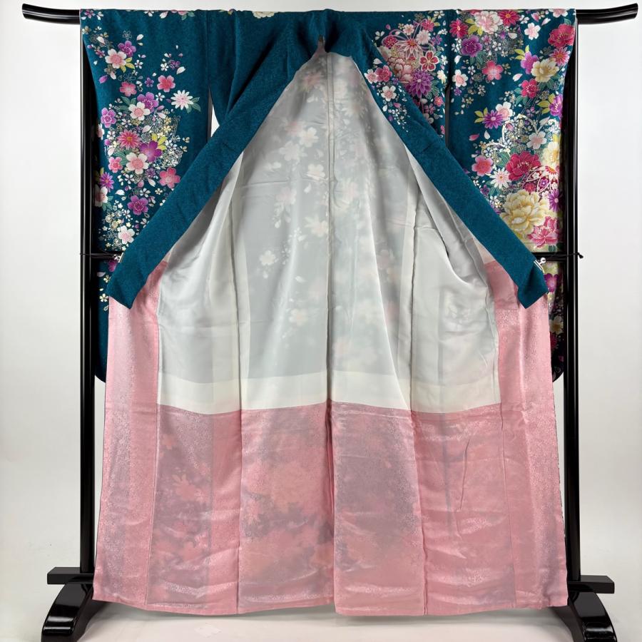美品 振袖 身丈164cm 裄丈67cm M 袷 やまと 牡丹 鞠 銀通し 金銀彩 青緑 正絹 逸品 中古_3