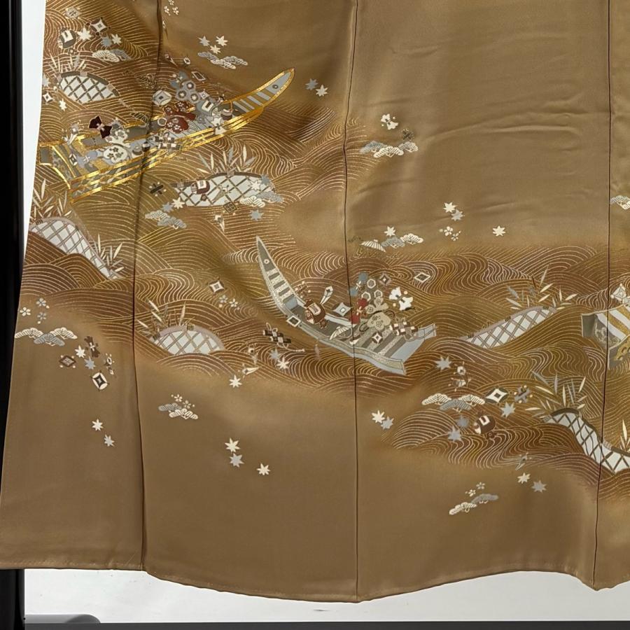 色留袖 身丈153.5cm 裄丈62.5cm S 袷 千總 宝尽くし 舟 金糸 金銀彩 薄茶色 正絹 逸品 五つ紋 中古