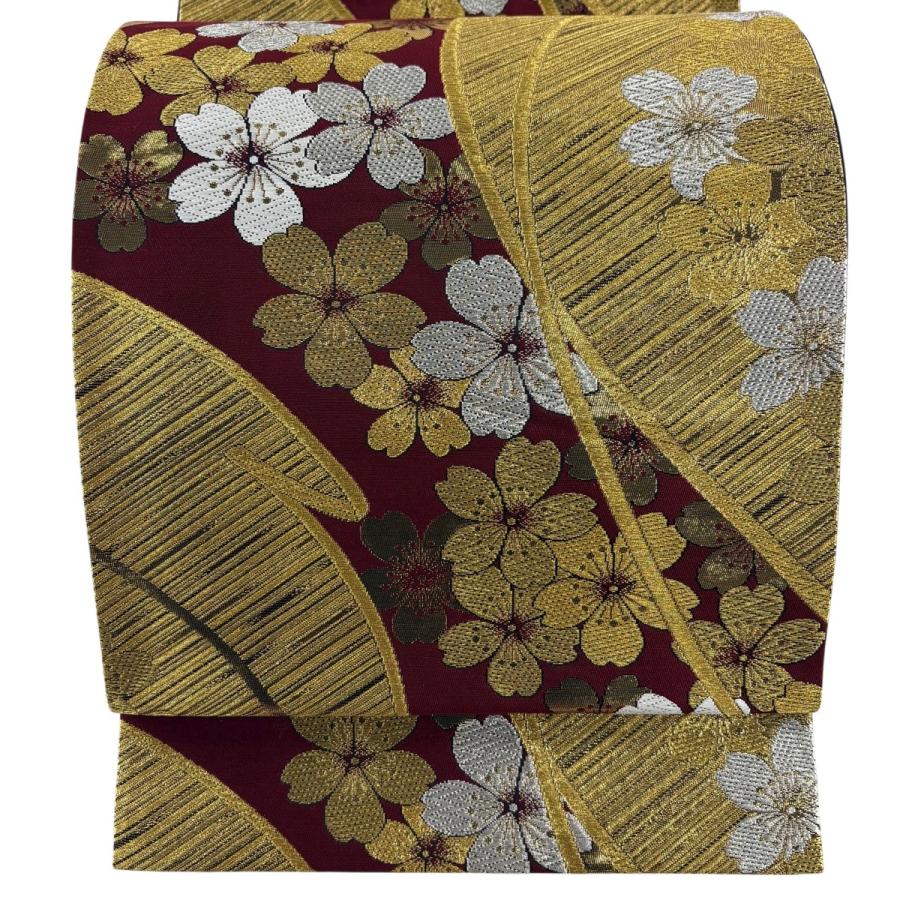 美品 袋帯 秀品 振袖向き 桜 斜縞 金銀糸 箔 えんじ色 六通 正絹 中古