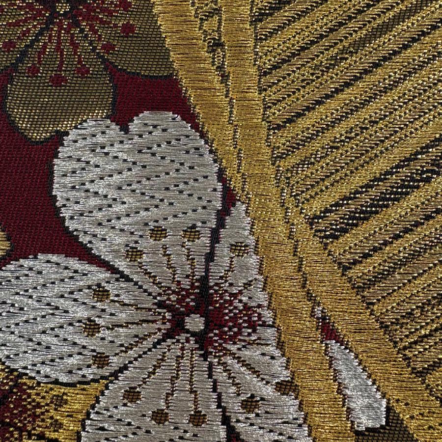 美品 袋帯 秀品 振袖向き 桜 斜縞 金銀糸 箔 えんじ色 六通 正絹 中古 