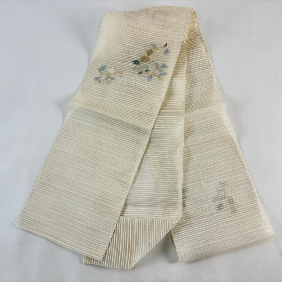 名古屋帯 優品 松葉仕立て 八寸名古屋帯 夏帯 絽 鳥 縞 クリーム 正絹
