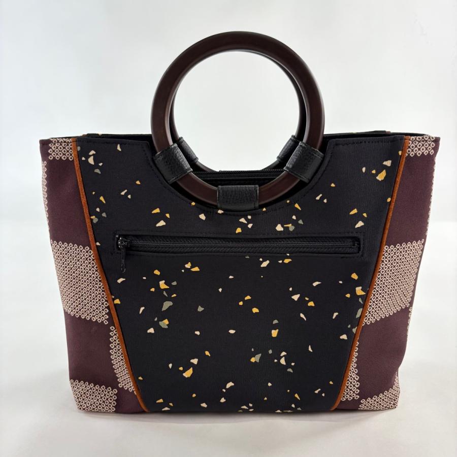 美品 和装バッグ 優品 幾何学模様 市松 黒 正絹 和装小物 中古