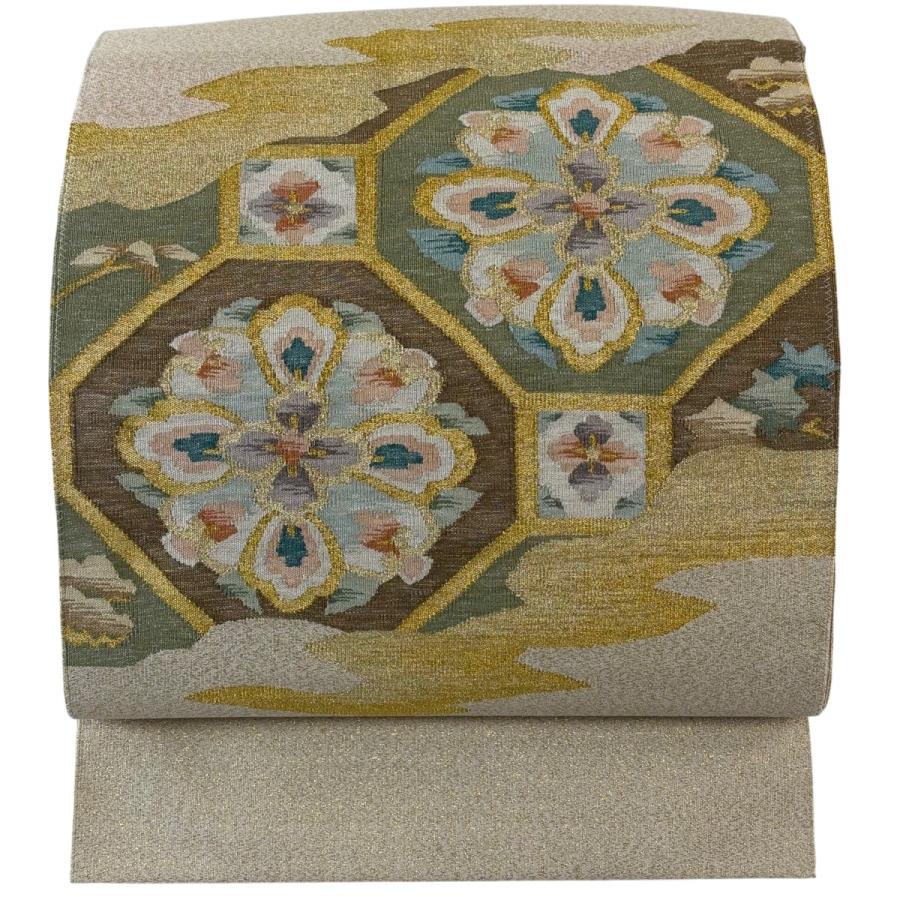 開き名古屋帯 名品 変わり市松 華文 唐織 茶緑色 正絹 【】 【公式通販】