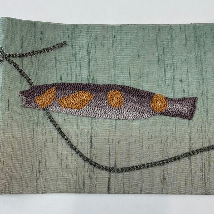 美品 名古屋帯 秀品 紬地 魚 相良刺繍 灰緑 正絹 中古 : リユース 