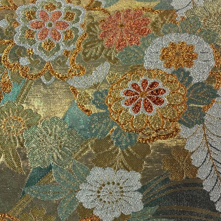 袋帯 秀品 草花 よろけ縞 金糸 箔 金色 六通 正絹 中古 美品 袋帯
