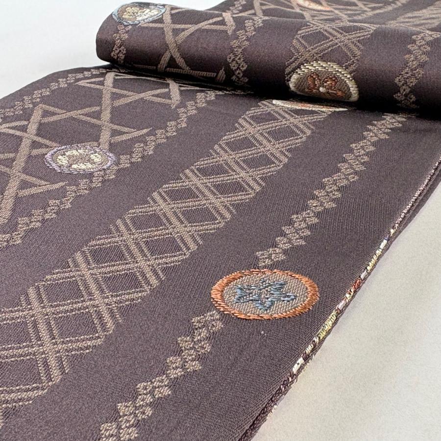 美品 半幅帯 名品 鎧脅し 縞 金糸 茶紫 正絹 中古_3