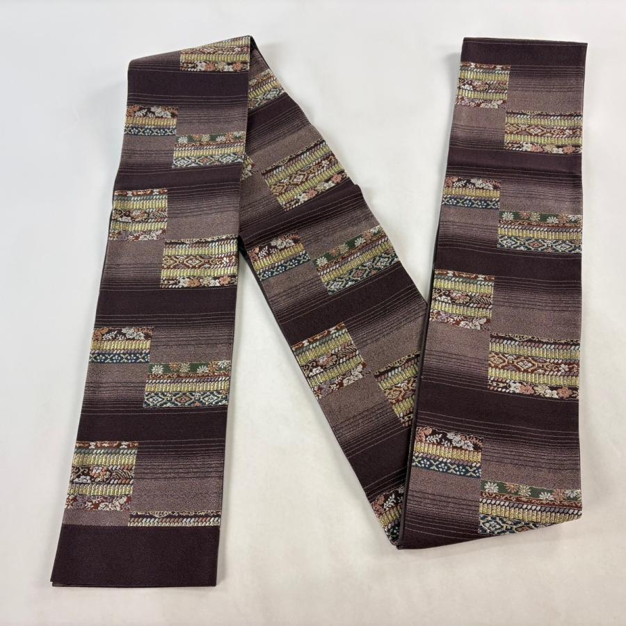 美品 半幅帯 名品 鎧脅し 縞 金糸 茶紫 正絹 中古_4