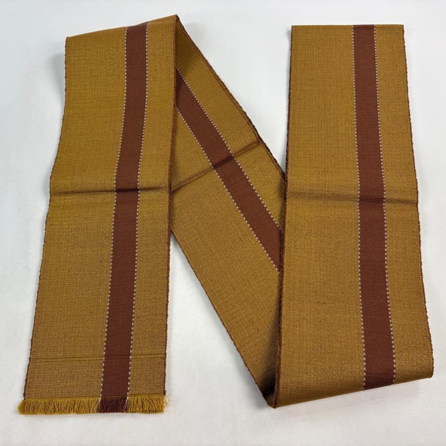 美品 半幅帯 名品 縞 山吹茶色 正絹 中古_4