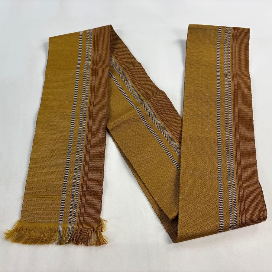 美品 半幅帯 名品 縞 山吹茶色 正絹 中古_4