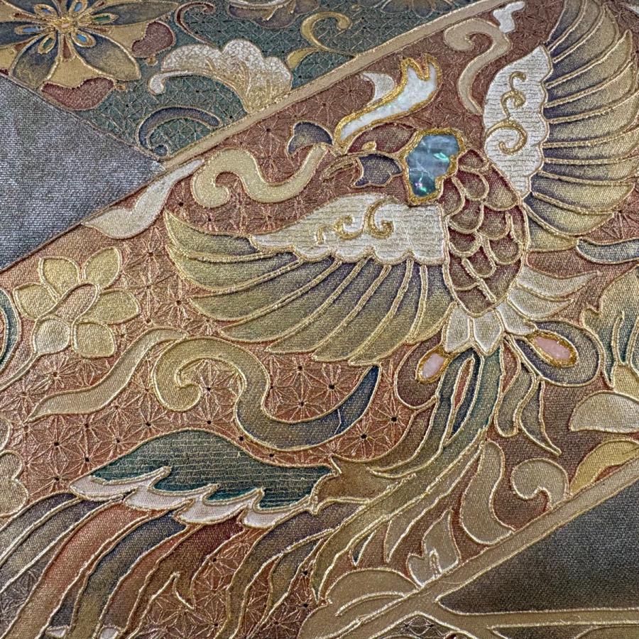 【未使用品】袋帯　ピンク真珠　螺鈿金彩　鳳凰　唐花　深緑　お太鼓柄 袋帯 名品 鳳凰 花唐草 螺鈿 金銀彩 灰緑 お太鼓柄 正絹 中古