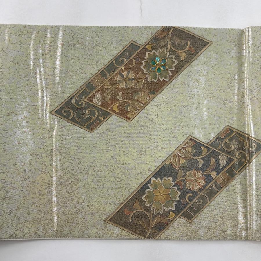 袋帯 名品 鳳凰 花唐草 螺鈿 金銀彩 灰緑 お太鼓柄 正絹 中古
