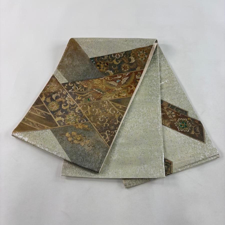 袋帯 名品 鳳凰 花唐草 螺鈿 金銀彩 灰緑 お太鼓柄 正絹 中古