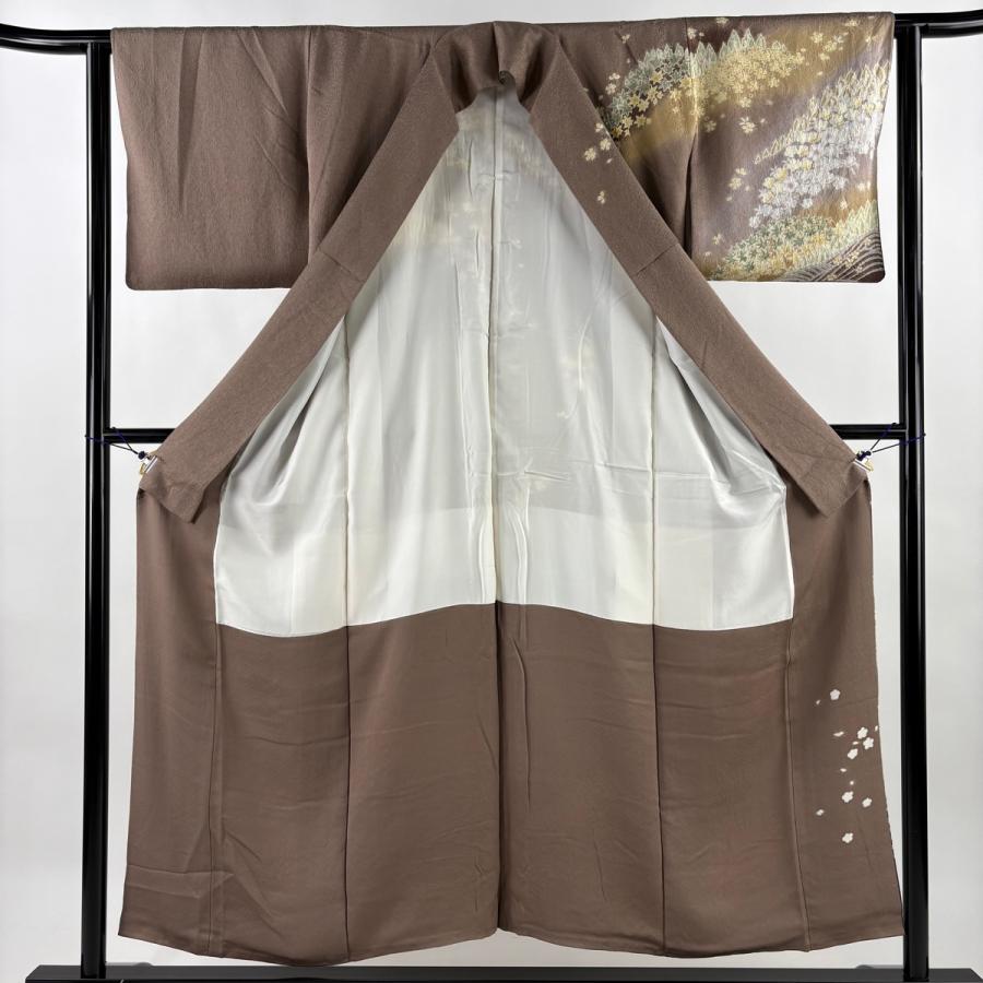 訪問着 身丈152.5cm 裄丈63cm S 袷 山並み 草花 銀通し 絞り 薄小豆 正絹 逸品 中古