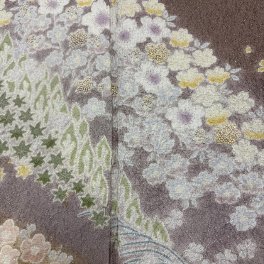 訪問着 身丈152.5cm 裄丈63cm S 袷 山並み 草花 銀通し 絞り 薄小豆 正絹 逸品 中古