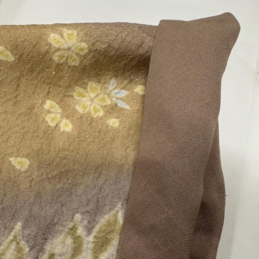 訪問着 身丈152.5cm 裄丈63cm S 袷 山並み 草花 銀通し 絞り 薄小豆 正絹 逸品 中古