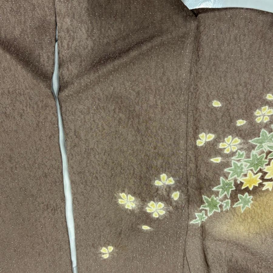 訪問着 身丈152.5cm 裄丈63cm S 袷 山並み 草花 銀通し 絞り 薄小豆 正絹 逸品 中古