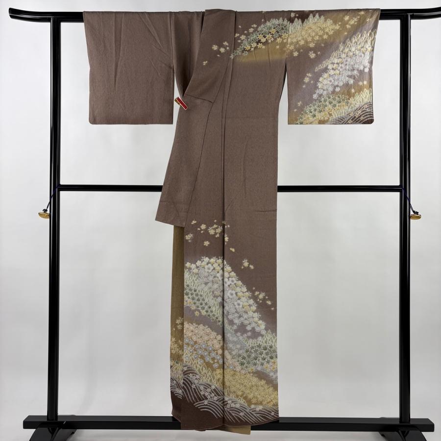 訪問着 身丈152.5cm 裄丈63cm S 袷 山並み 草花 銀通し 絞り 薄小豆 正絹 逸品 中古