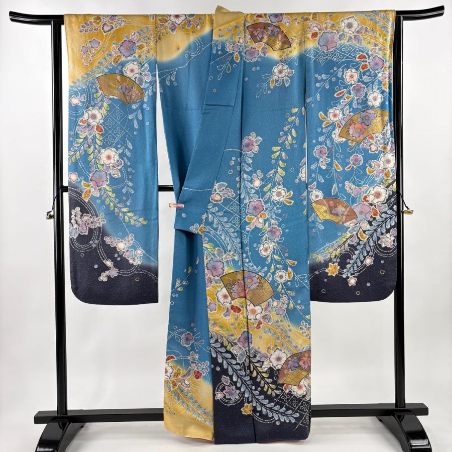 振袖 身丈161cm 裄丈67cm M 袷 扇面 草花 金彩 染め分け 水色 正絹