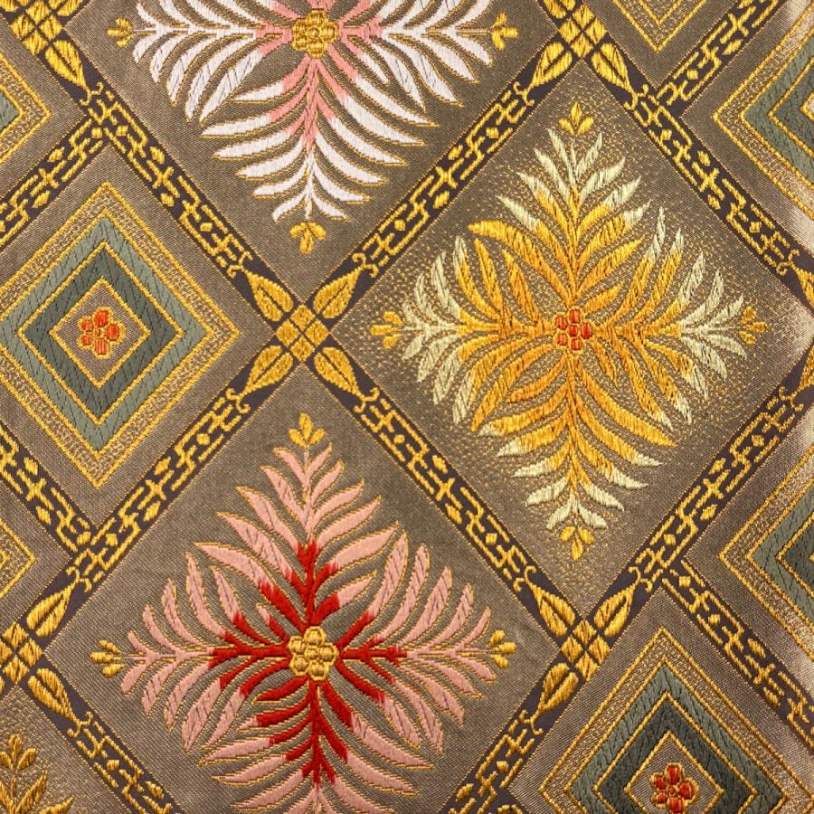 美品 袋帯 逸品 北出与三郎 落款あり 連翠松菱吉祥文 金糸 唐織 灰紫 六通 正絹 中古_5