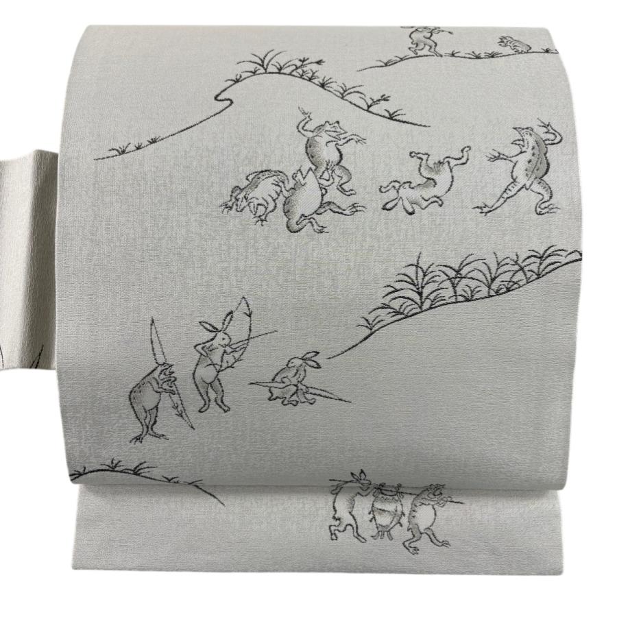 美品 名古屋帯 逸品 鳥獣戯画 灰白 正絹 中古 : リユースセレクト