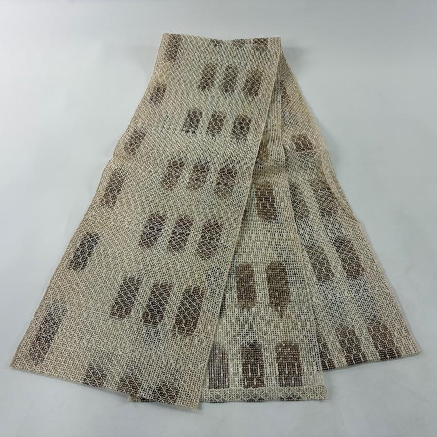 名古屋帯 秀品 夏帯 八寸名古屋帯 幾何学模様 ベージュ 正絹 中古 