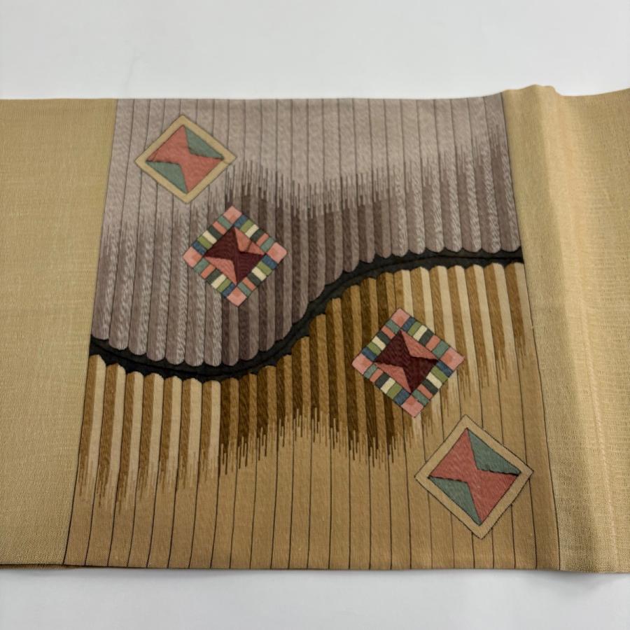 袋帯 秀品 夏帯 幾何学模様 縞 黄土色 お太鼓柄 正絹 中古 : リユース