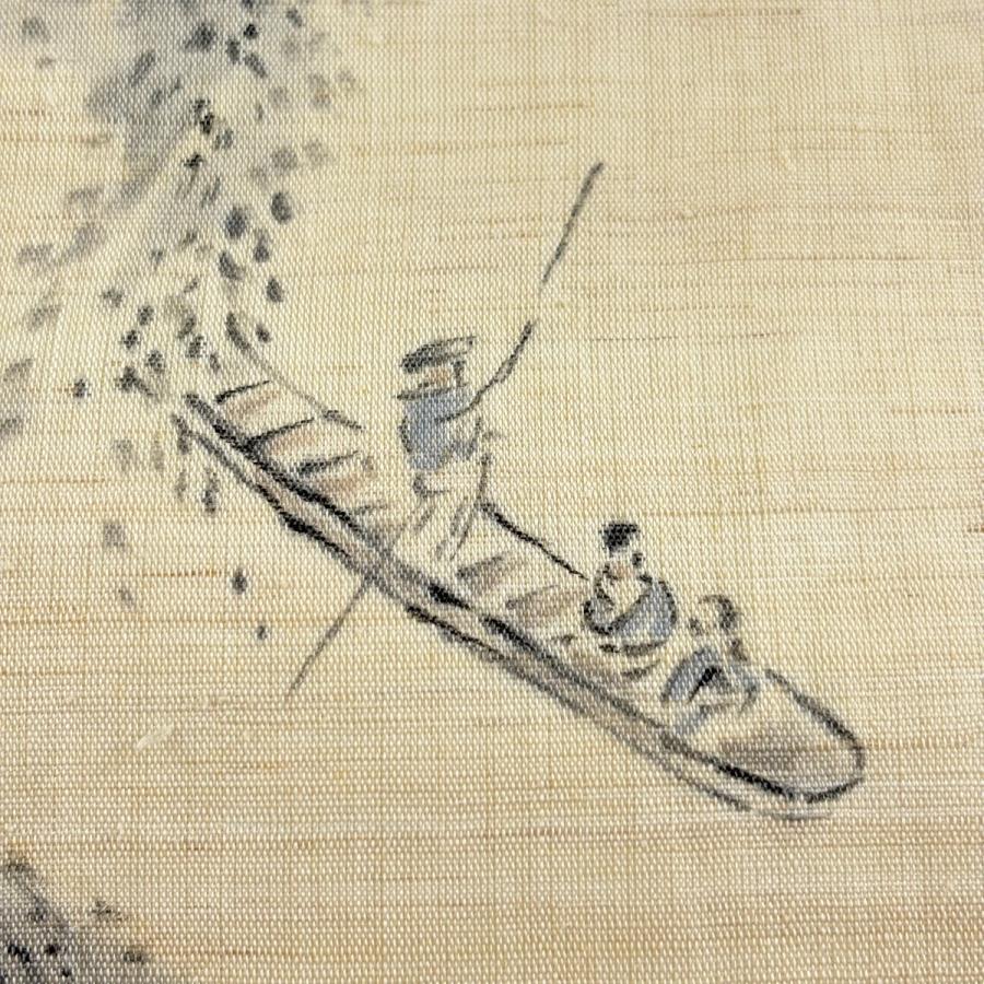 開き名古屋帯 秀品 紬地 夏帯 舟 樹木 ベージュ 正絹 中古 : リユース 