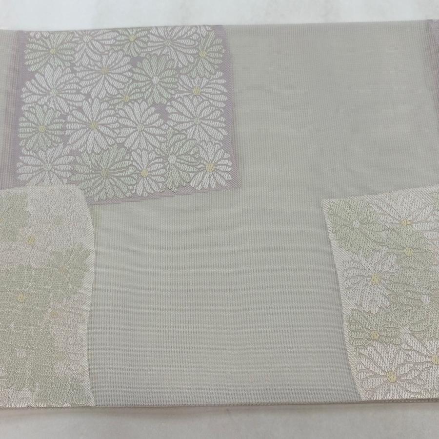 美品 袋帯 秀品 夏帯 紗 鈴乃屋 菊 刺繍 灰色 六通 正絹 中古 