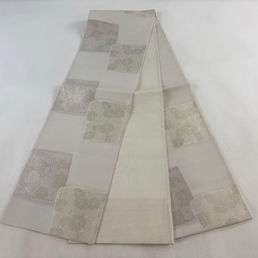 美品 袋帯 秀品 夏帯 紗 鈴乃屋 菊 刺繍 灰色 六通 正絹 中古 
