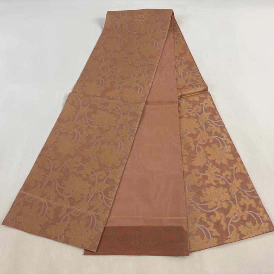 袋帯 秀品 織悦 落款あり 花唐草 箔 サーモンピンク 全通 正絹 中古