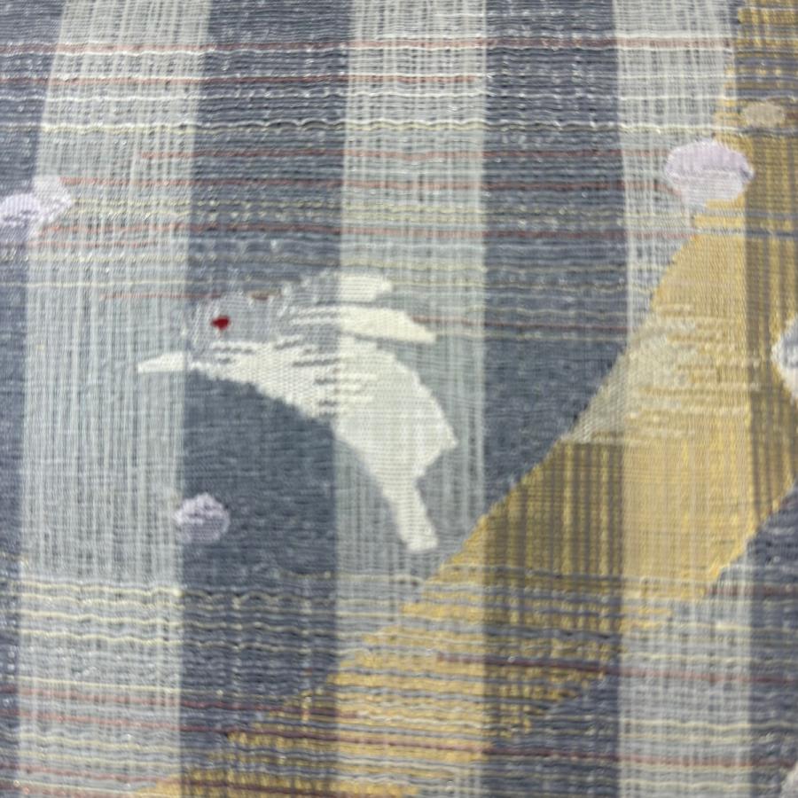 美品 袋帯 名品 夏帯 リバーシブル うさぎ 幾何学模様 金銀糸 青灰色 