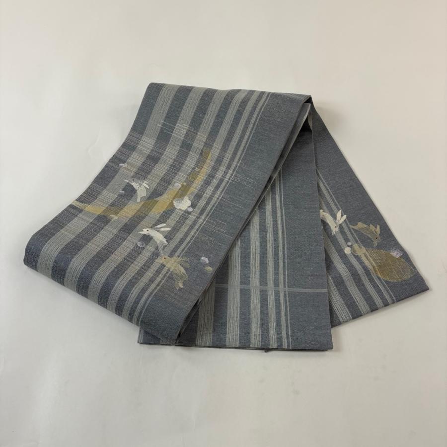 美品 袋帯 名品 夏帯 リバーシブル うさぎ 幾何学模様 金銀糸 青灰色