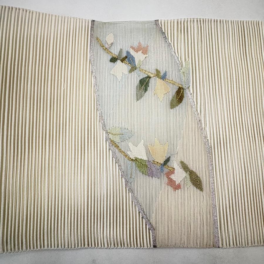 名古屋帯 名品 八寸名古屋帯 夏帯 絽 草花 流水 金銀糸 ベージュ 正絹