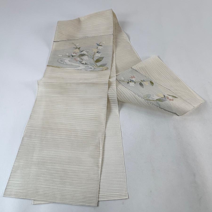 名古屋帯 名品 八寸名古屋帯 夏帯 絽 草花 流水 金銀糸 ベージュ 正絹