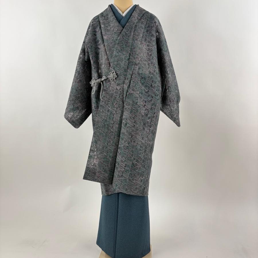 美品 道中着 身丈109cm 裄丈64.5cm M 和装コート 幾何学 市松 灰緑 