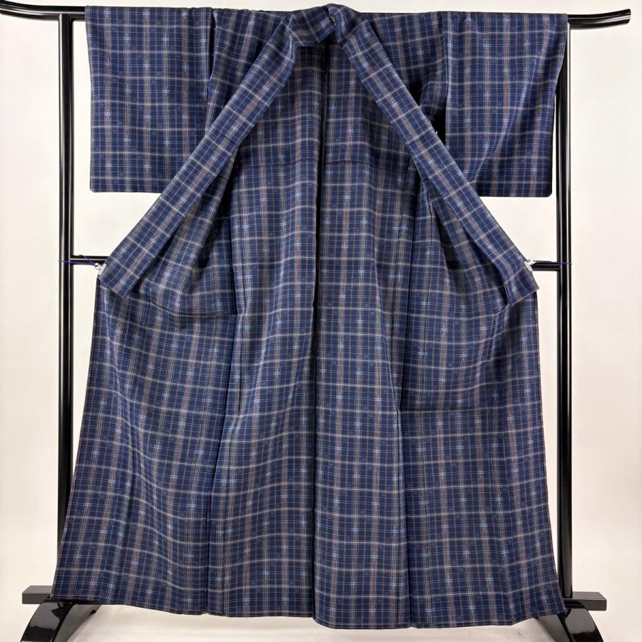 美品 お召 身丈162cm 裄丈62cm S 単衣 本塩沢 証紙あり 格子 幾何学