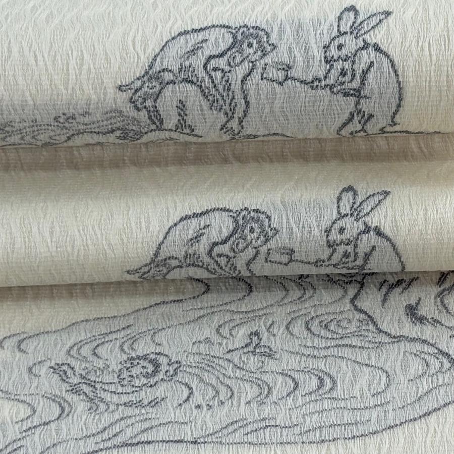 美品 袋帯 逸品 夏帯 鳥獣戯画 クリーム 六通 正絹 中古