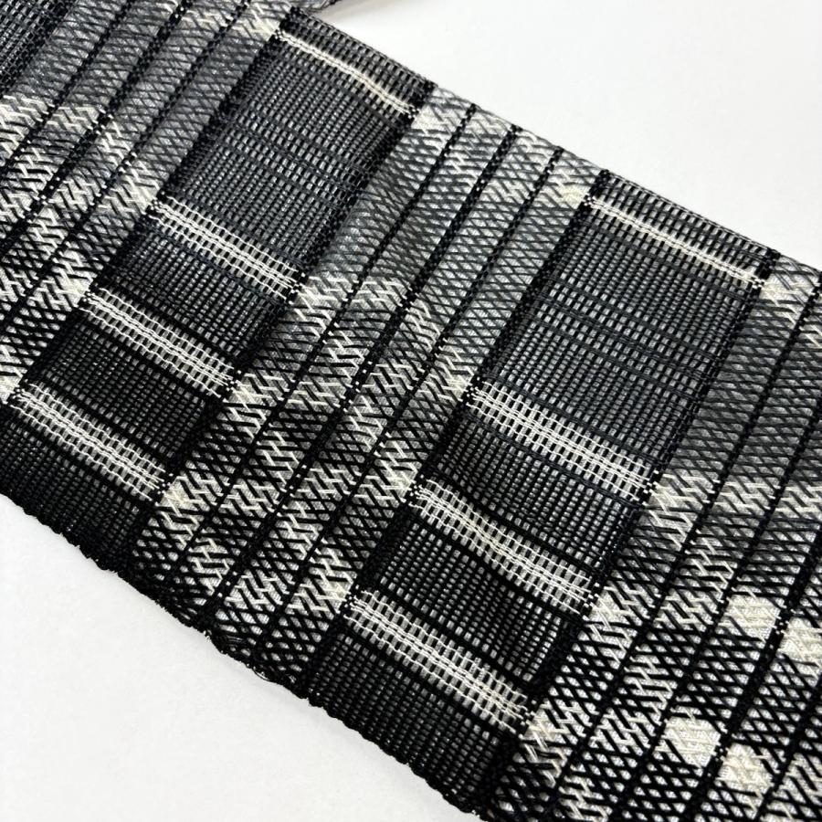 美品 名古屋帯 名品 夏帯 八寸名古屋帯 縞 菱 銀通し 黒灰 正絹 中古