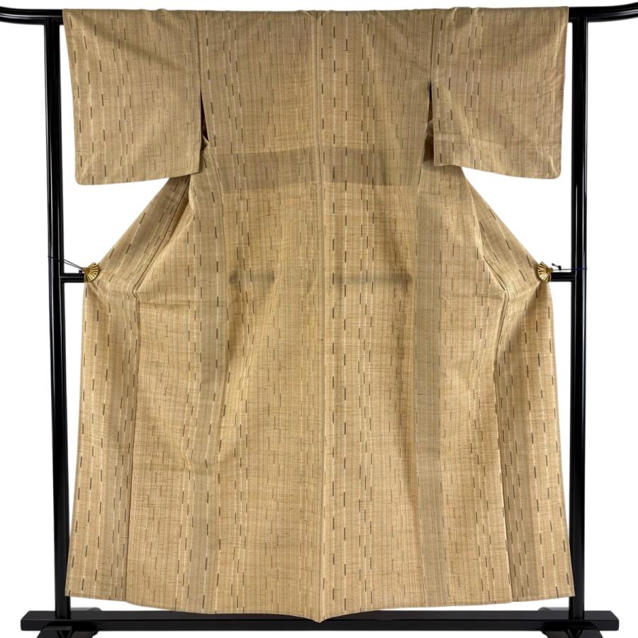 美品 紬 身丈155cm 裄丈62.5cm S 単衣 縦縞模様 ベージュ 正絹 名品
