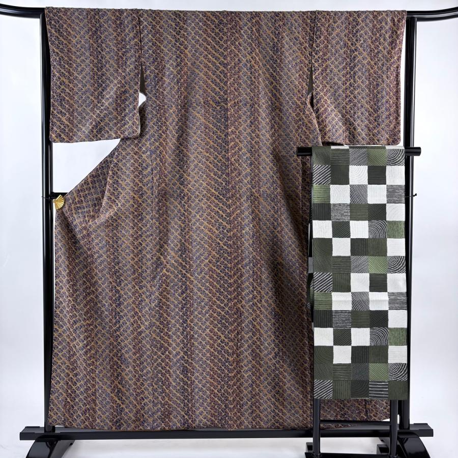 美品 小紋 身丈159cm 裄丈63.5cm S 袷 名古屋帯セット 紬地 縦縞 幾何
