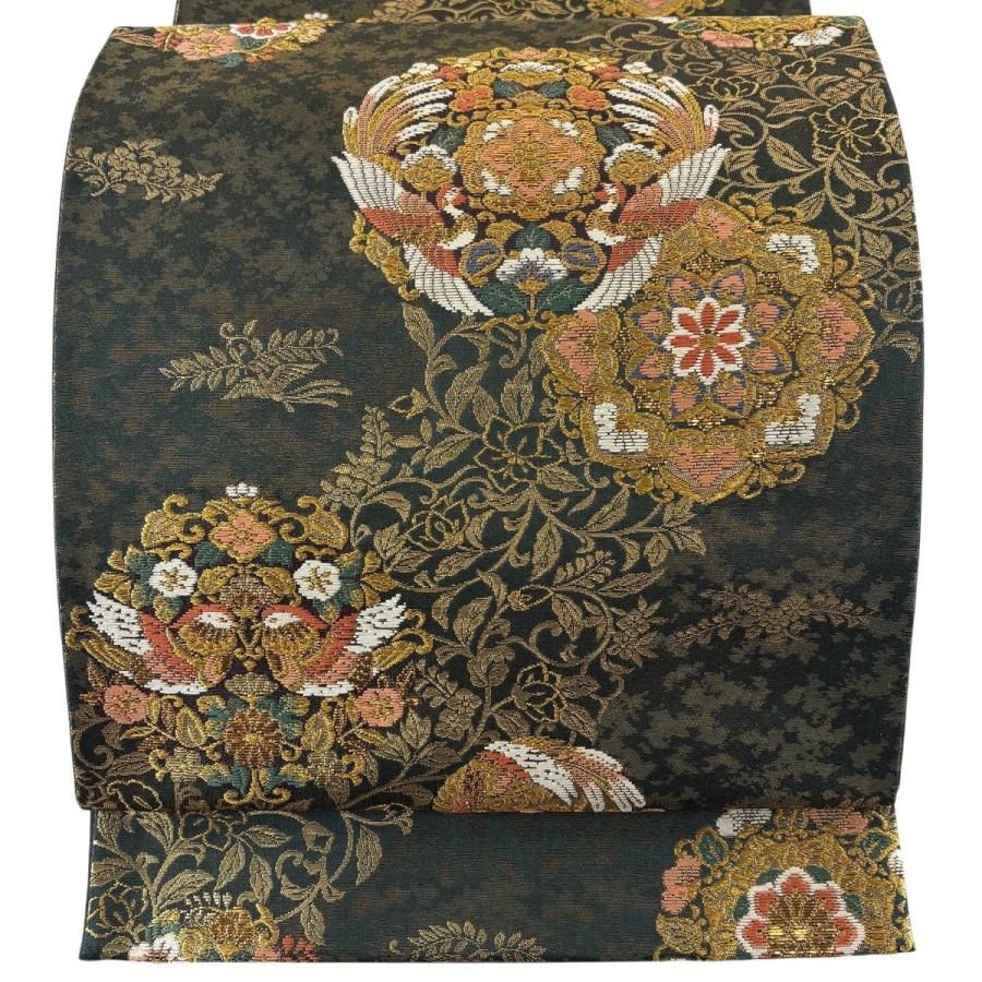 袋帯 名品 織乃綾 入子菱 金糸 箔 灰紫 六通 正絹 中古
