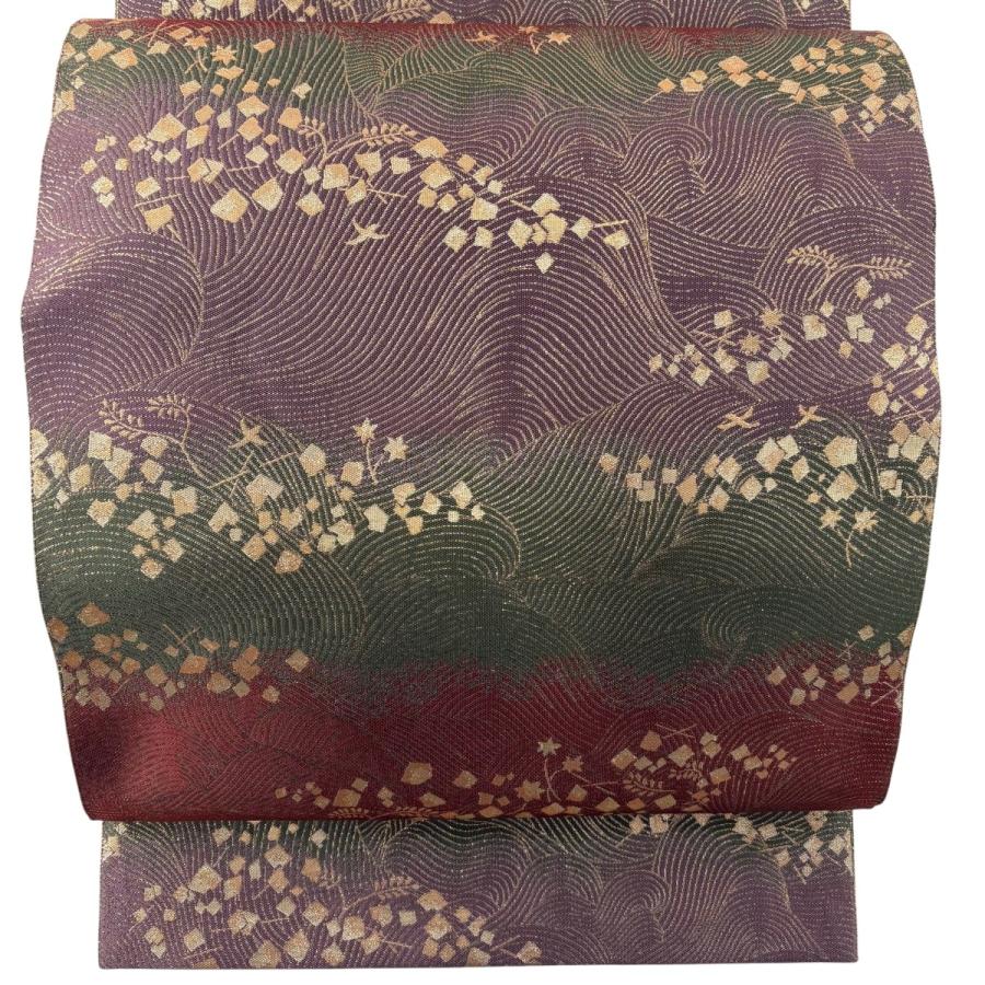 美品 袋帯 秀品 小森草木染工房 箔散らし 波 箔 紫 全通 正絹 中古 