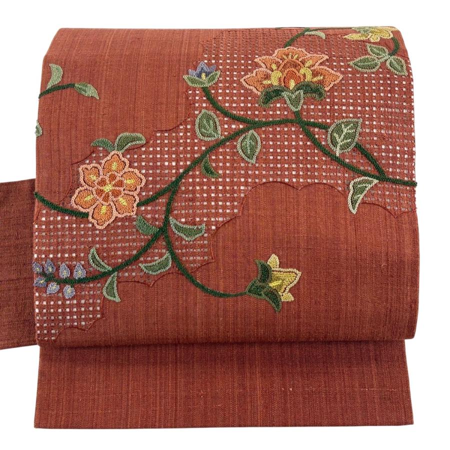 名古屋帯 秀品 紬地 花唐草 雲文 相良刺繍 金糸 茶色 正絹 中古 